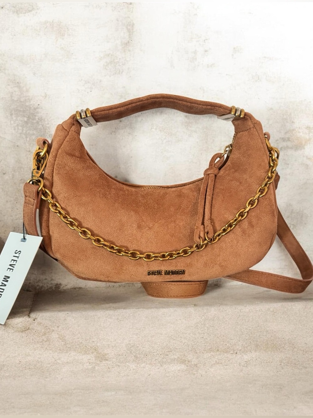Steve Madden Suede Crescent Shoulder Bag in Camel Brown with Gold Chain